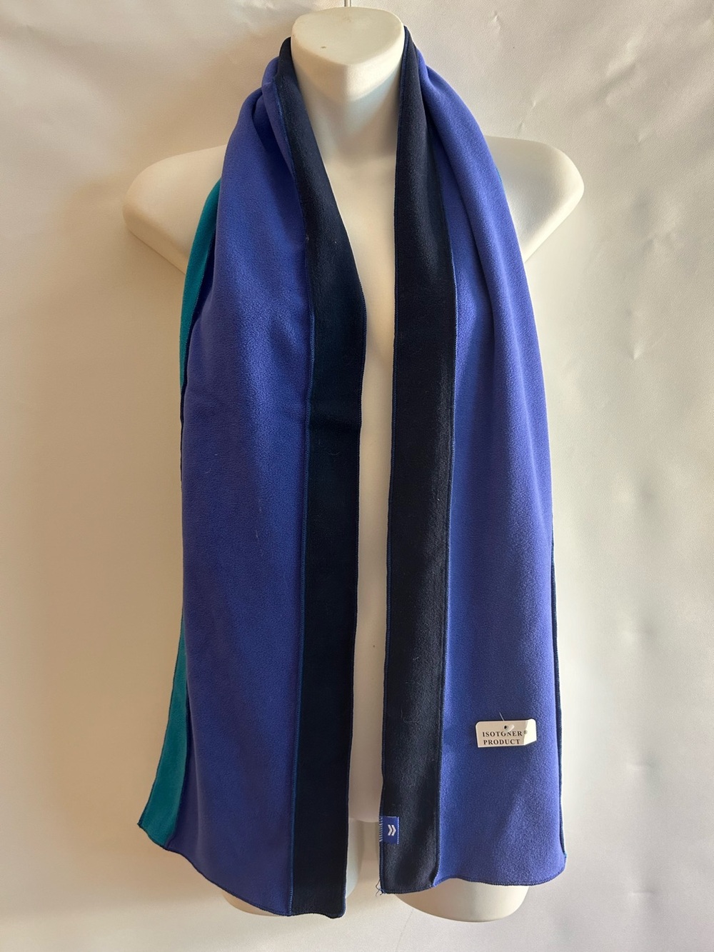 ISOTONER FLEECE TRI-TONE BLUE /BLACK/TEAL COLOR BLOCK SCARF OR NECK WARMER SCARF
